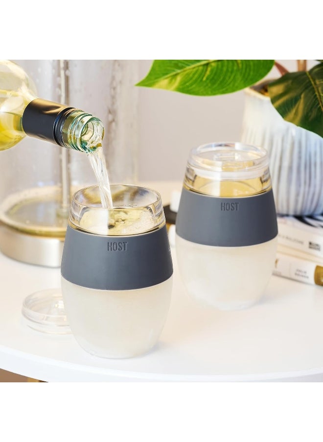 Host Cooling Wine Freeze Cup with Lid, Set of 2 Plastic Double Wall Insulated Wine Tumbler Freezable Drink Vacuum Cup with Freezing Gel, Wine Glasses for Red and White Wine, Gift Essentials, Gray