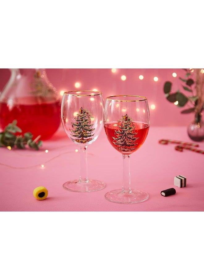 Spode Christmas Tree Wine Goblets with Gold Rims, Set of 4