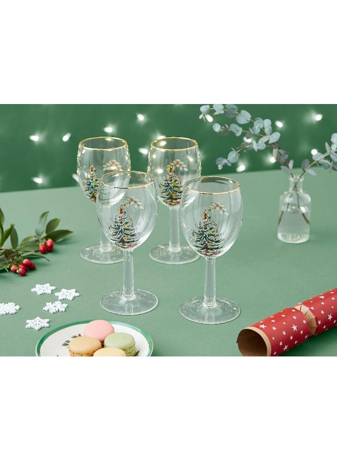 Spode Christmas Tree Wine Goblets with Gold Rims, Set of 4