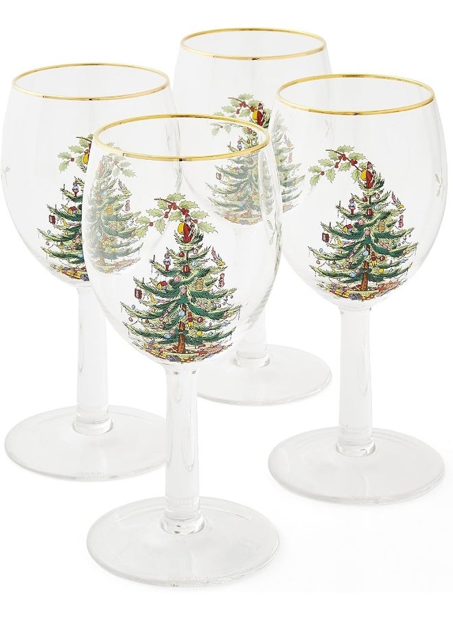 Spode Christmas Tree Wine Goblets with Gold Rims, Set of 4
