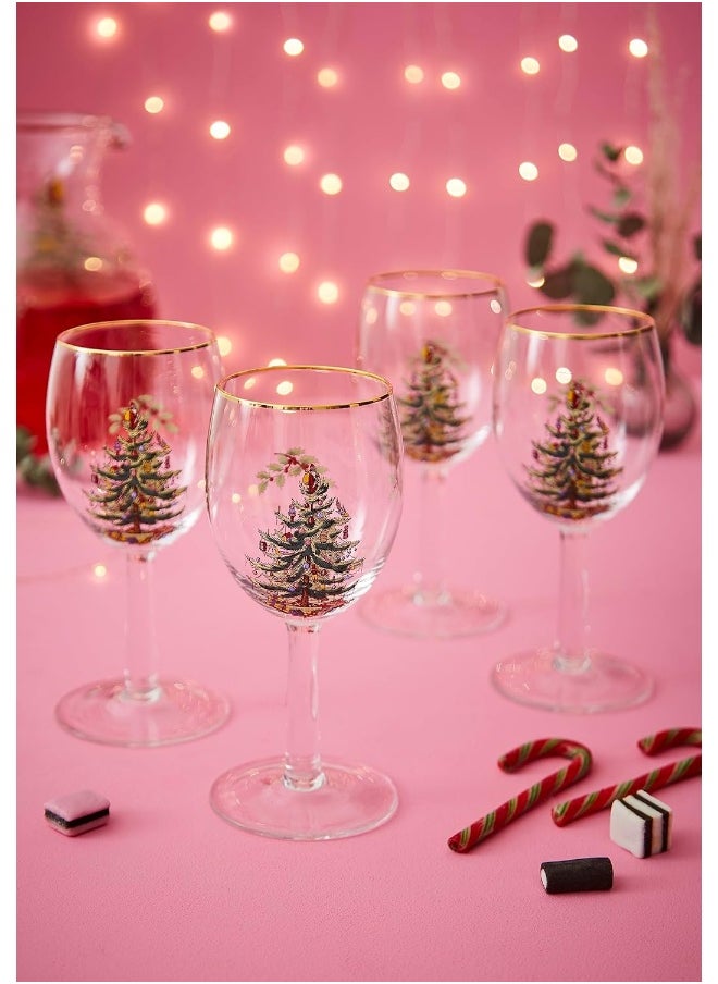 Spode Christmas Tree Wine Goblets with Gold Rims, Set of 4
