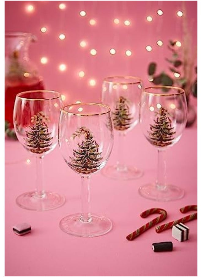 Spode Christmas Tree Wine Goblets with Gold Rims, Set of 4