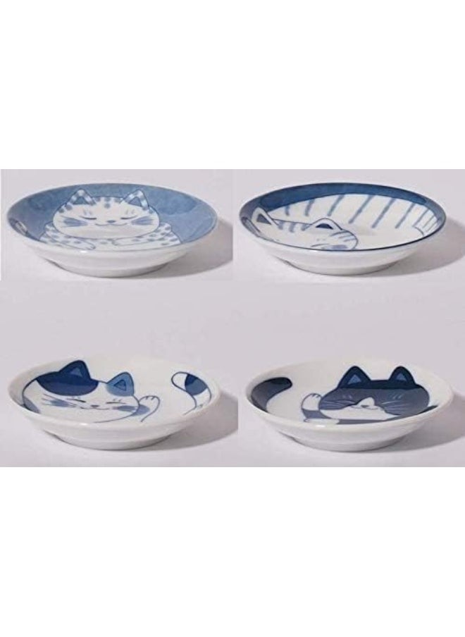 Mino Ware Japanese Small Plate Set Ceramic Cute Cats Design Appetizer Dessert Sushi Sauce 3.94 x 0.8 Inches Set of 4