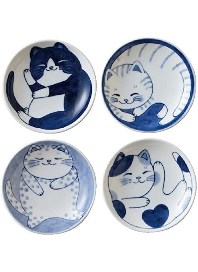 Mino Ware Japanese Small Plate Set Ceramic Cute Cats Design Appetizer Dessert Sushi Sauce 3.94 x 0.8 Inches Set of 4