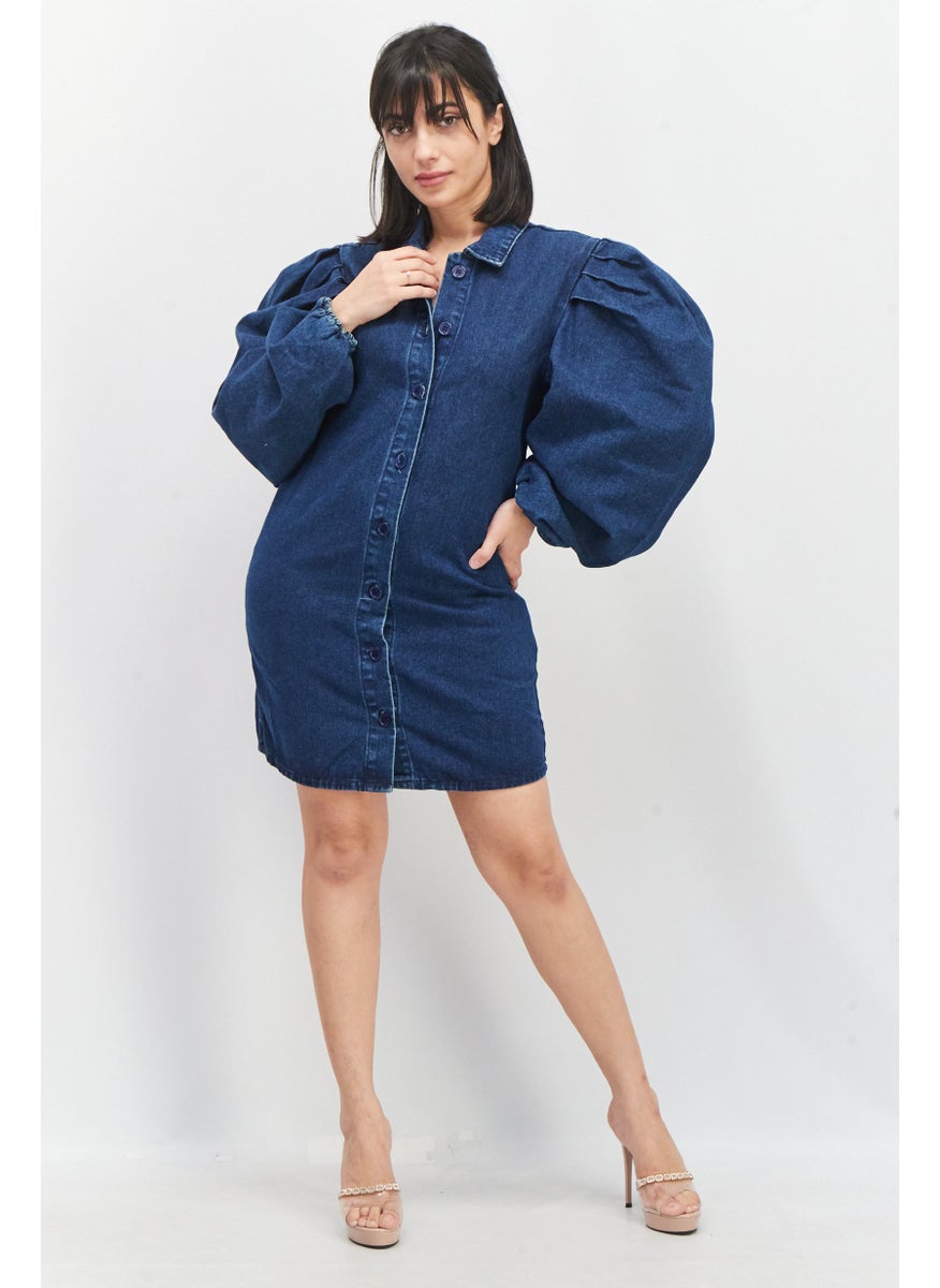 Women Washed Denim Dress, Blue