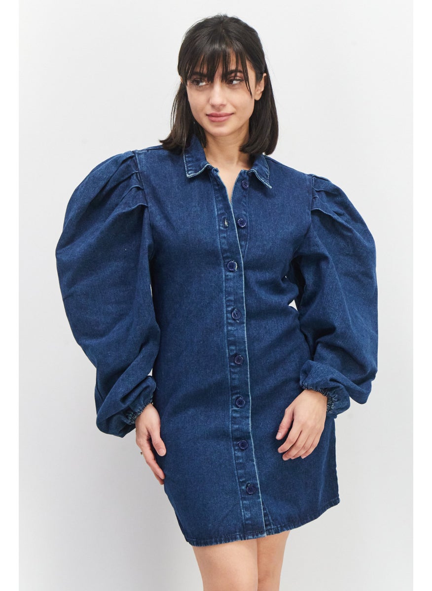 Women Washed Denim Dress, Blue