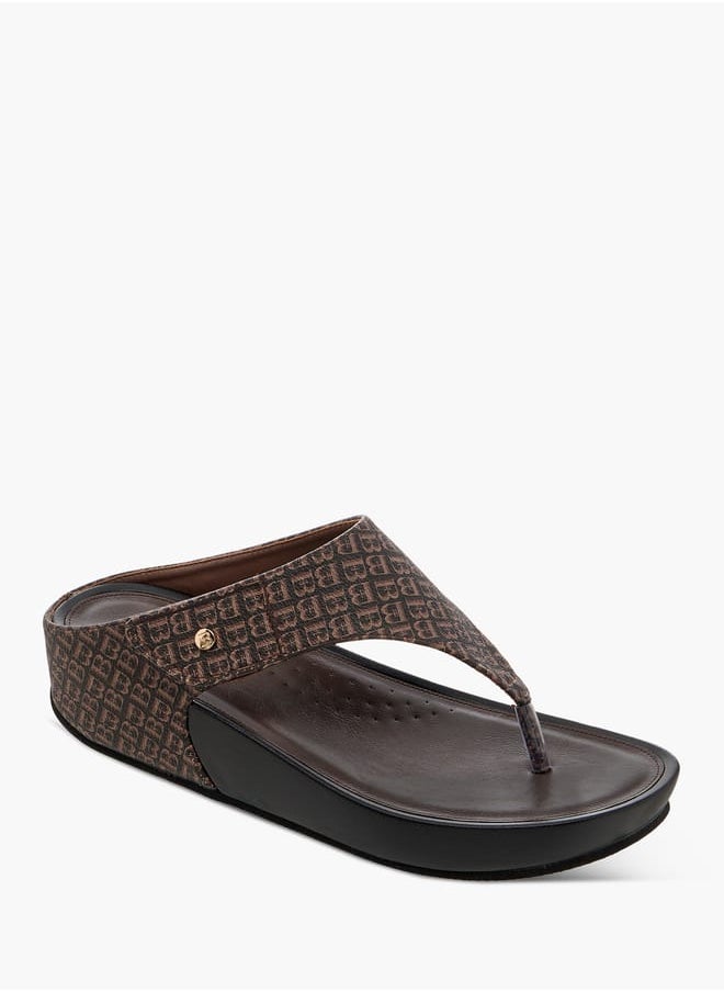 Women Monogram Print Slip-On Comfort Sandals with Wedge Heels