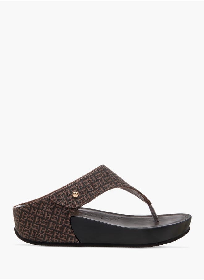 Women Monogram Print Slip-On Comfort Sandals with Wedge Heels