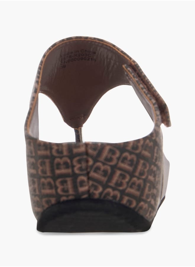 Women Monogram Print Slip-On Comfort Sandals with Wedge Heels