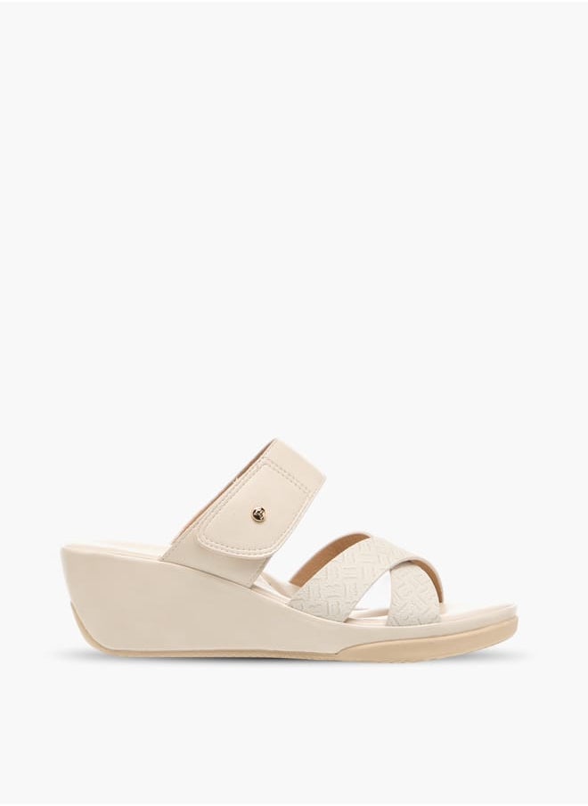 Women Monogram Print Slip-On Sandals with Wedge Heel