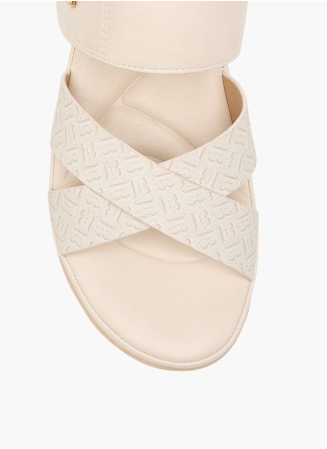 Women Monogram Print Slip-On Sandals with Wedge Heel