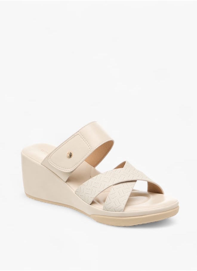 Women Monogram Print Slip-On Sandals with Wedge Heel