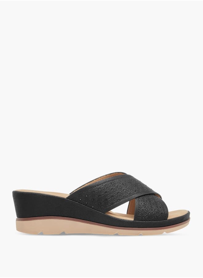 Women Floral Textured Slip-On Sandals with Wedge Heels