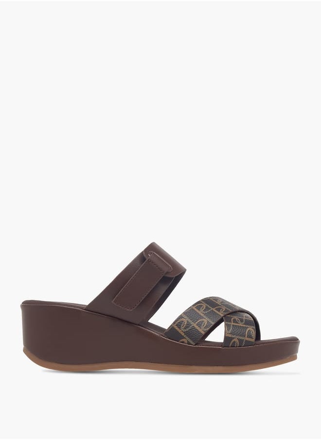 Women's Monogram Print Slip-On Cross-Strap Sandals With Wedge Heel