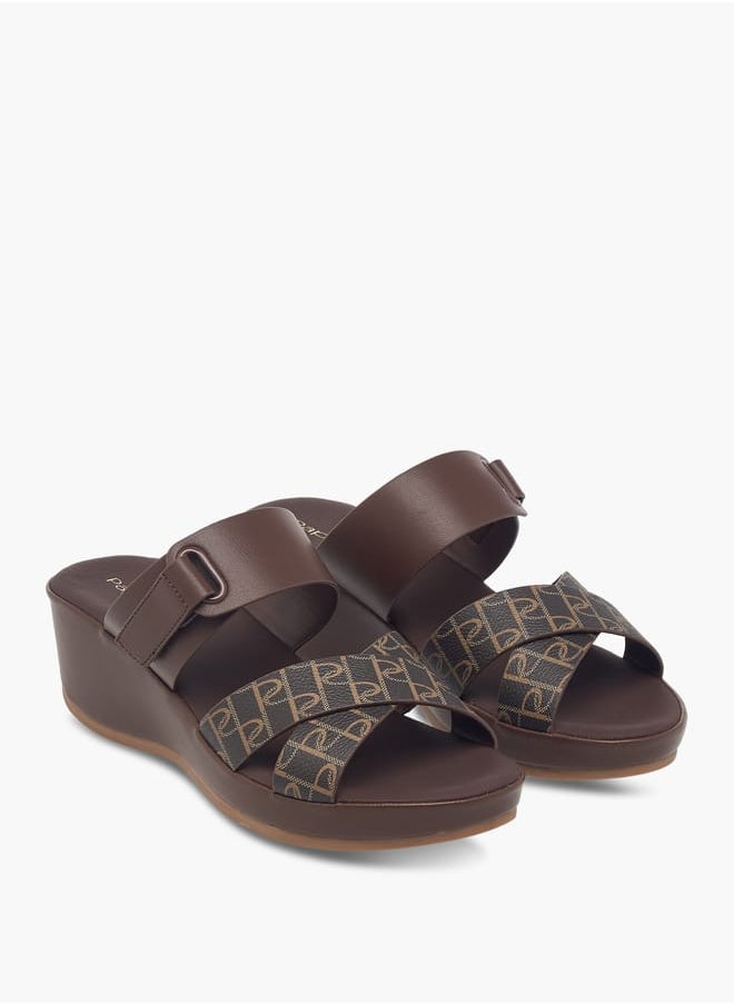 Women's Monogram Print Slip-On Cross-Strap Sandals With Wedge Heel