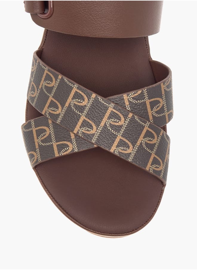 Women's Monogram Print Slip-On Cross-Strap Sandals With Wedge Heel