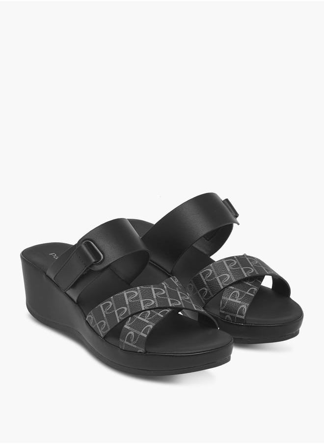Women's Monogram Print Slip-On Cross-Strap Sandals With Wedge Heel