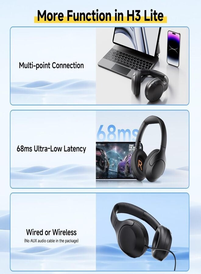 H3 LITE Active Noise Cancelling Headphones, Over-ear Bluetooth Headsets with Ambient Mode, 60H Playtime, Clear Calls, Mutipoint Wired and Wireless Connection - Black black