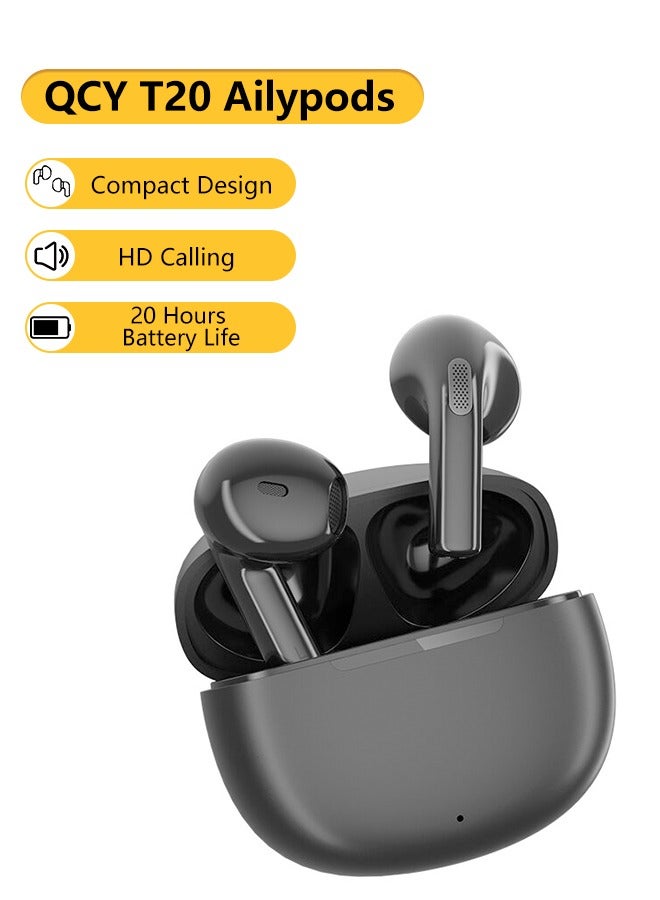 T20 Ailypods TWS Earbuds, 5.3 Bluetooth Earphones, 68ms Low Latency 13mm Driver, HD Calling, 20 Hours Battery Life and Compact Size - black