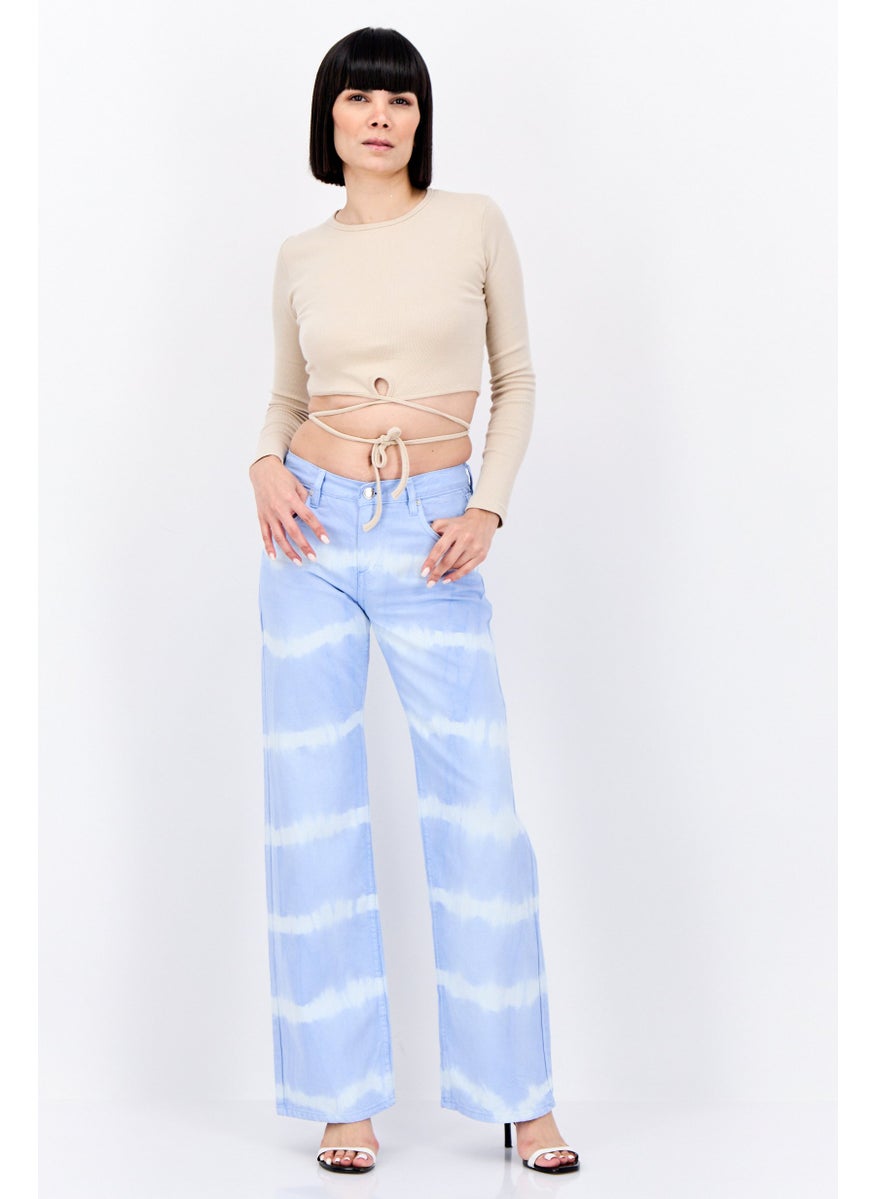 Women Regular Fit Stripe Wide Leg Jeans, Blue