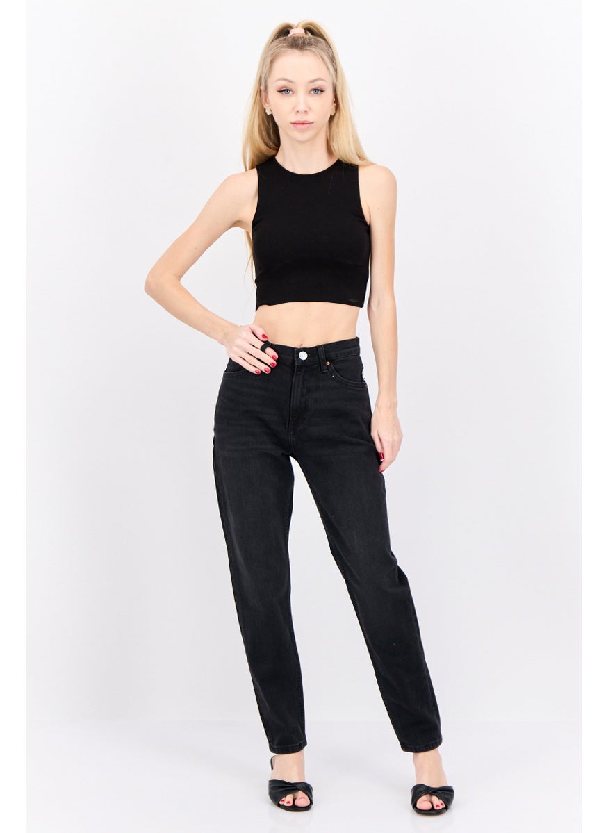 Women Mom Fit High Rise Skinny Leg Stretchable Denim Jeans, Black