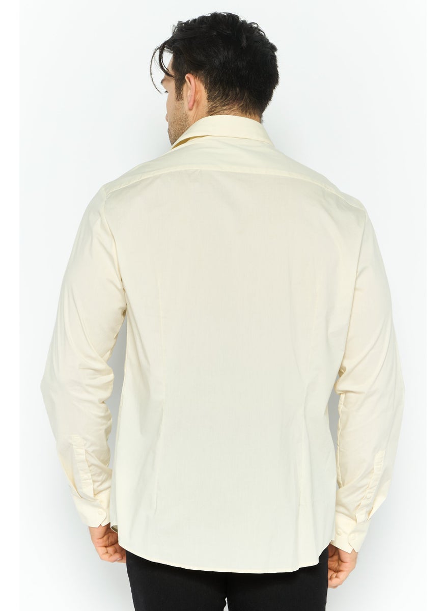 Men Slim Fit Solid Long Sleeves Casual Shirt, Cream