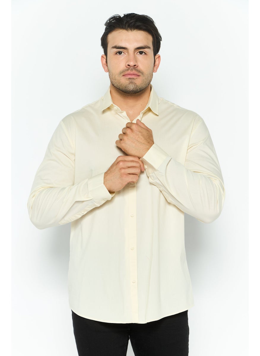 Men Slim Fit Solid Long Sleeves Casual Shirt, Cream