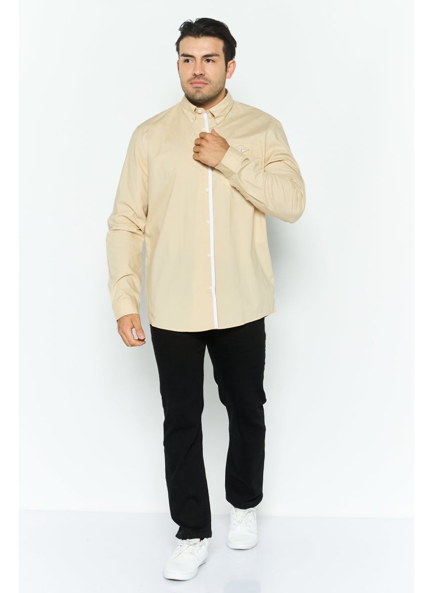 Men Regular Fit Embroidered Long Sleeves Casual Shirt, Beige