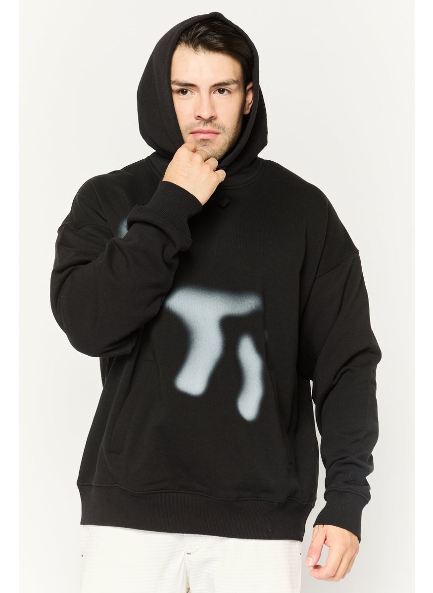 Men Hooded Long Sleeve Graphic Sweatshirt, Black