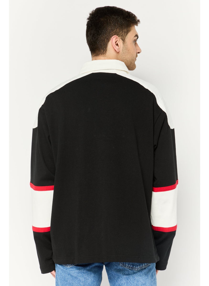 Men Spread Collar Long Sleeves Brand Logo Sweatshirt, Black