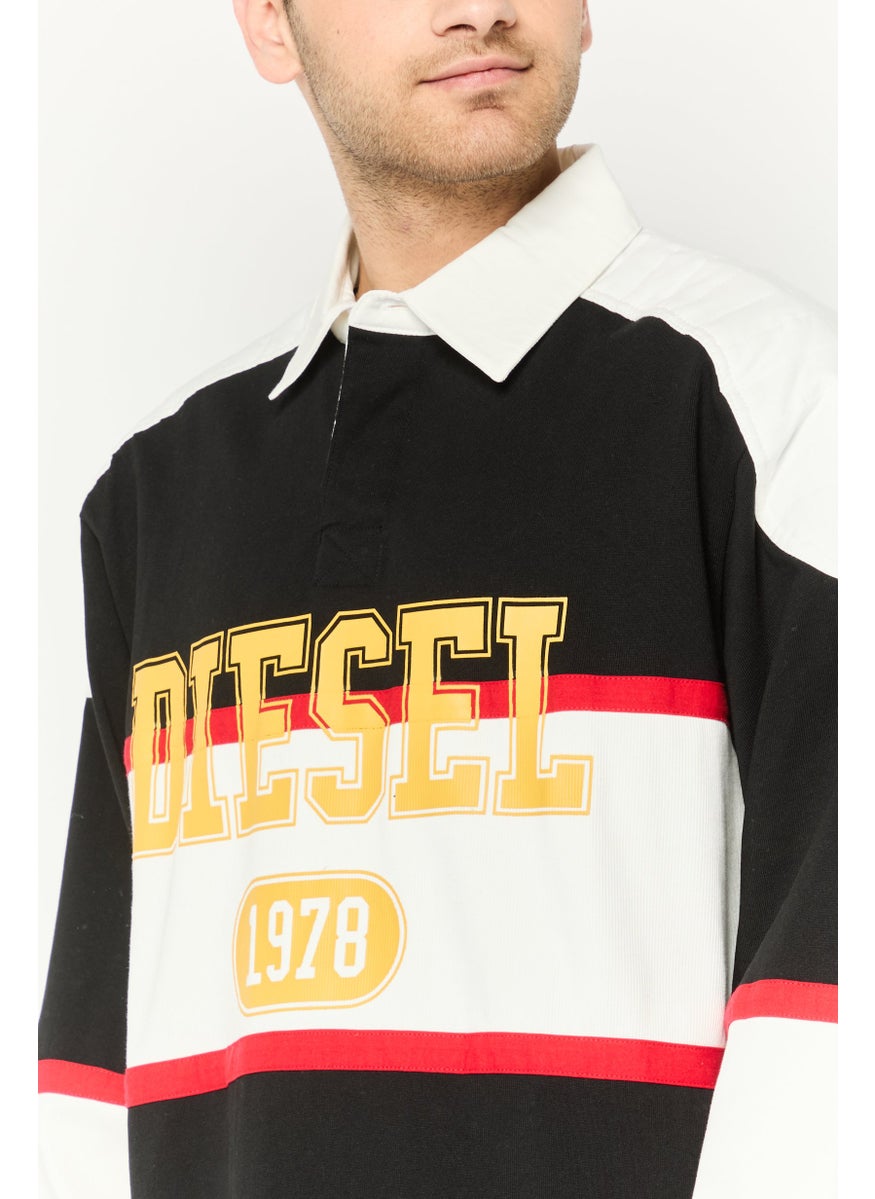 Men Spread Collar Long Sleeves Brand Logo Sweatshirt, Black