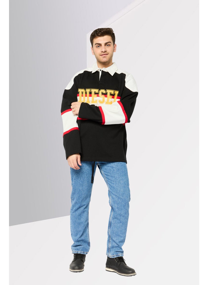Men Spread Collar Long Sleeves Brand Logo Sweatshirt, Black