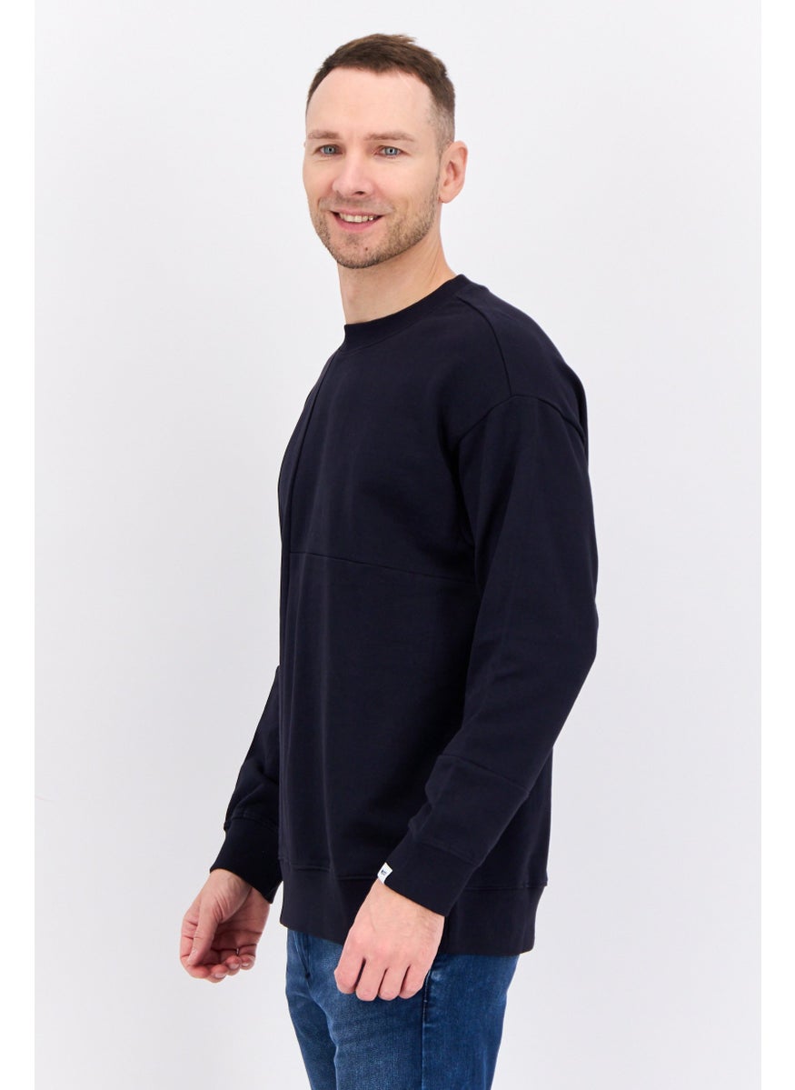 Men Crew Neck Plain Long Sleeves Sweatshirt, Navy
