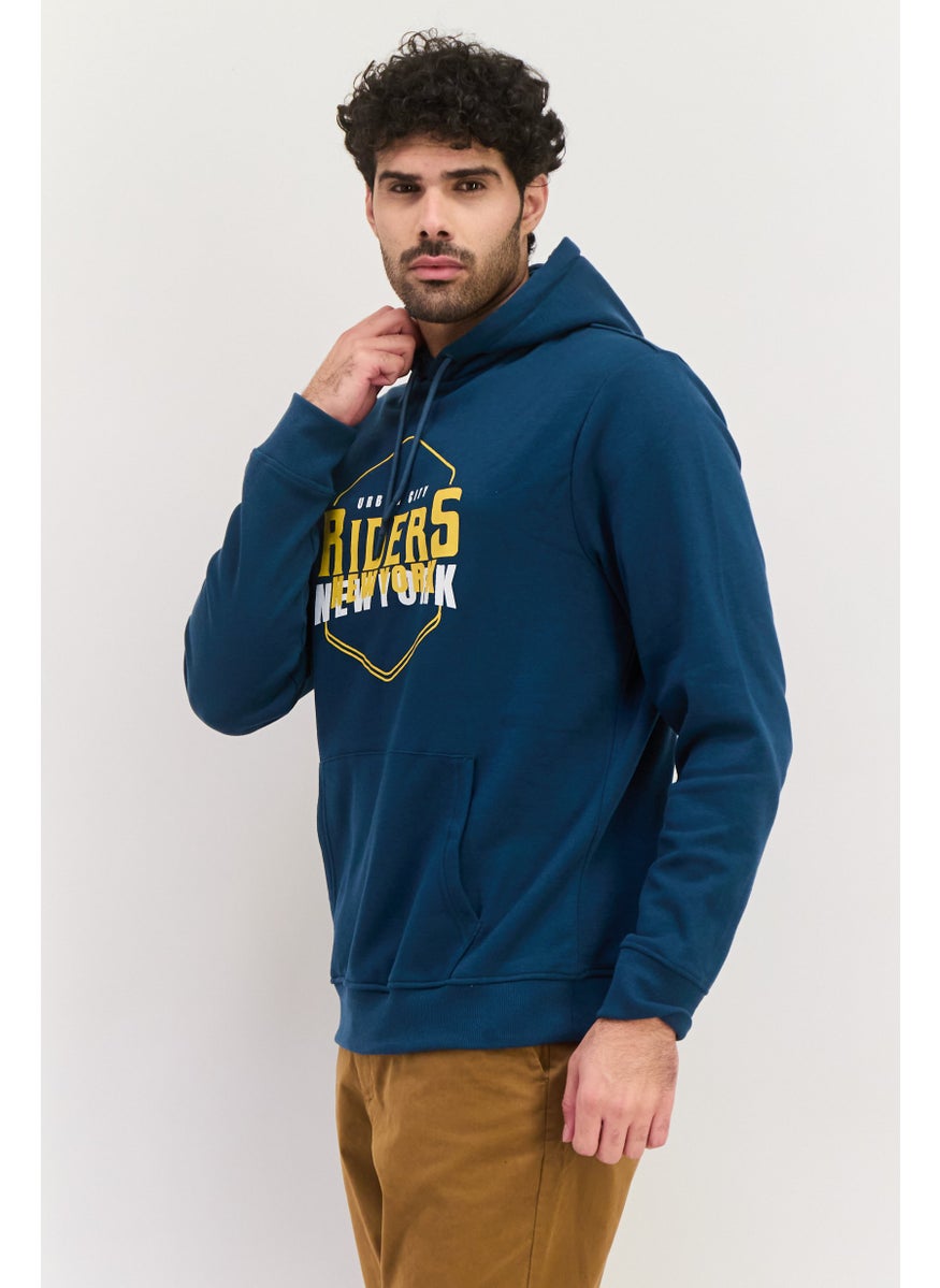 Men Graphic Print Long Sleeves Hooded Sweatshirts, Teal Blue