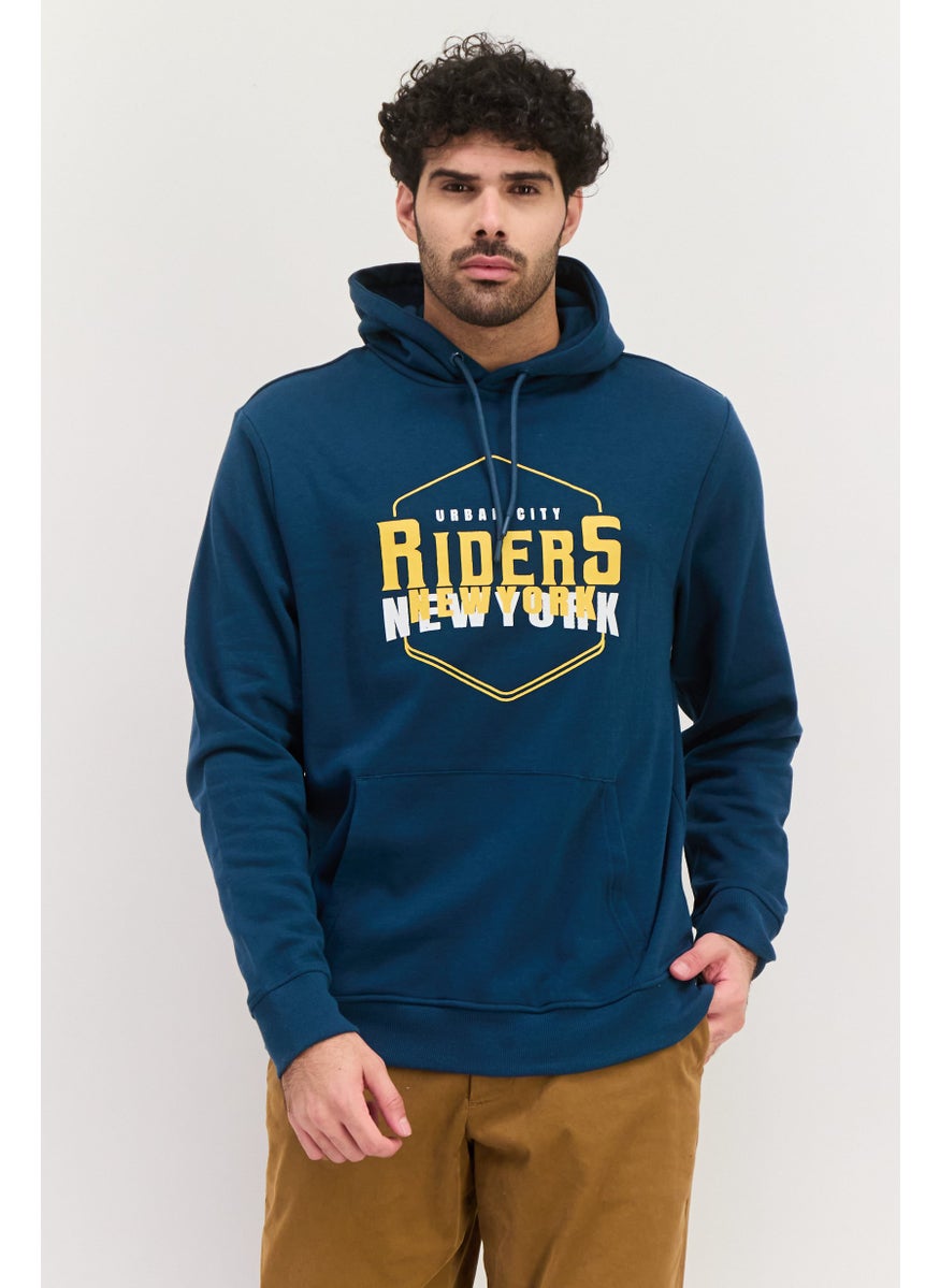 Men Graphic Print Long Sleeves Hooded Sweatshirts, Teal Blue