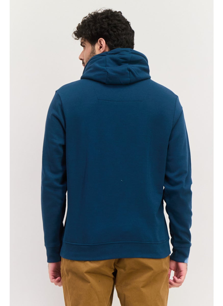 Men Graphic Print Long Sleeves Hooded Sweatshirts, Teal Blue