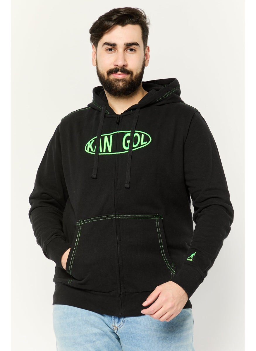 Men Embroidered Logo Long Sleeves Hooded Sweatshirt, Black
