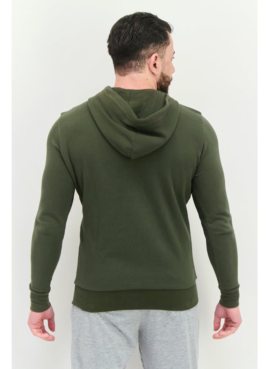 Men Hooded Embroidered Logo Long Sleeves Hoodie, Olive