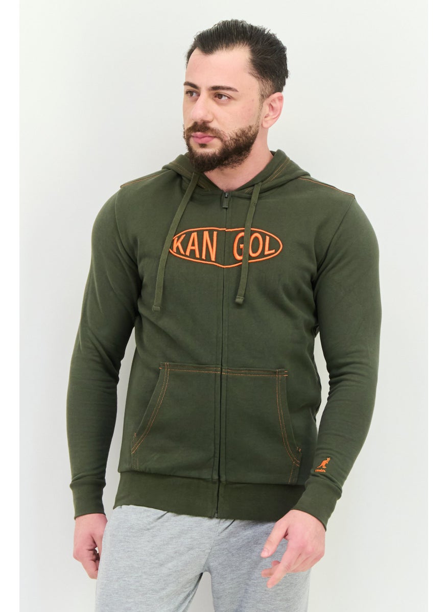 Men Hooded Embroidered Logo Long Sleeves Hoodie, Olive
