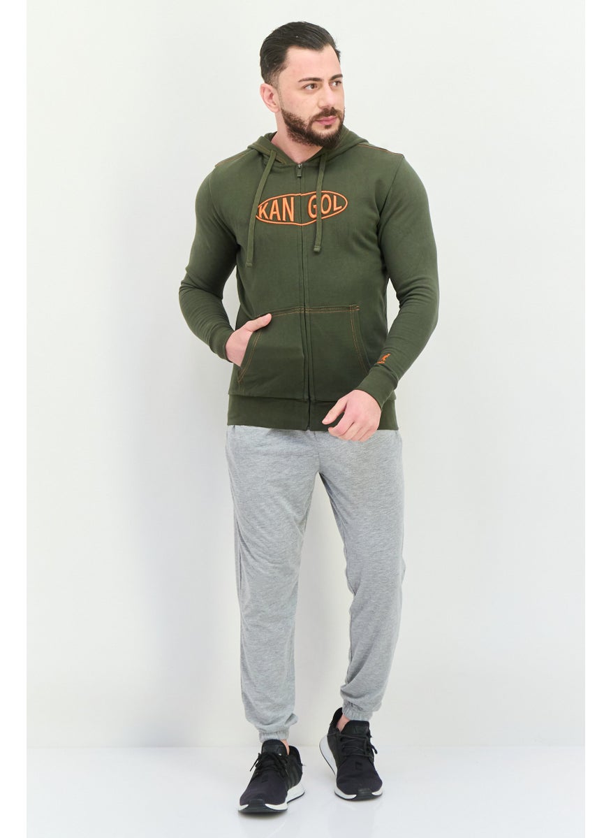 Men Hooded Embroidered Logo Long Sleeves Hoodie, Olive