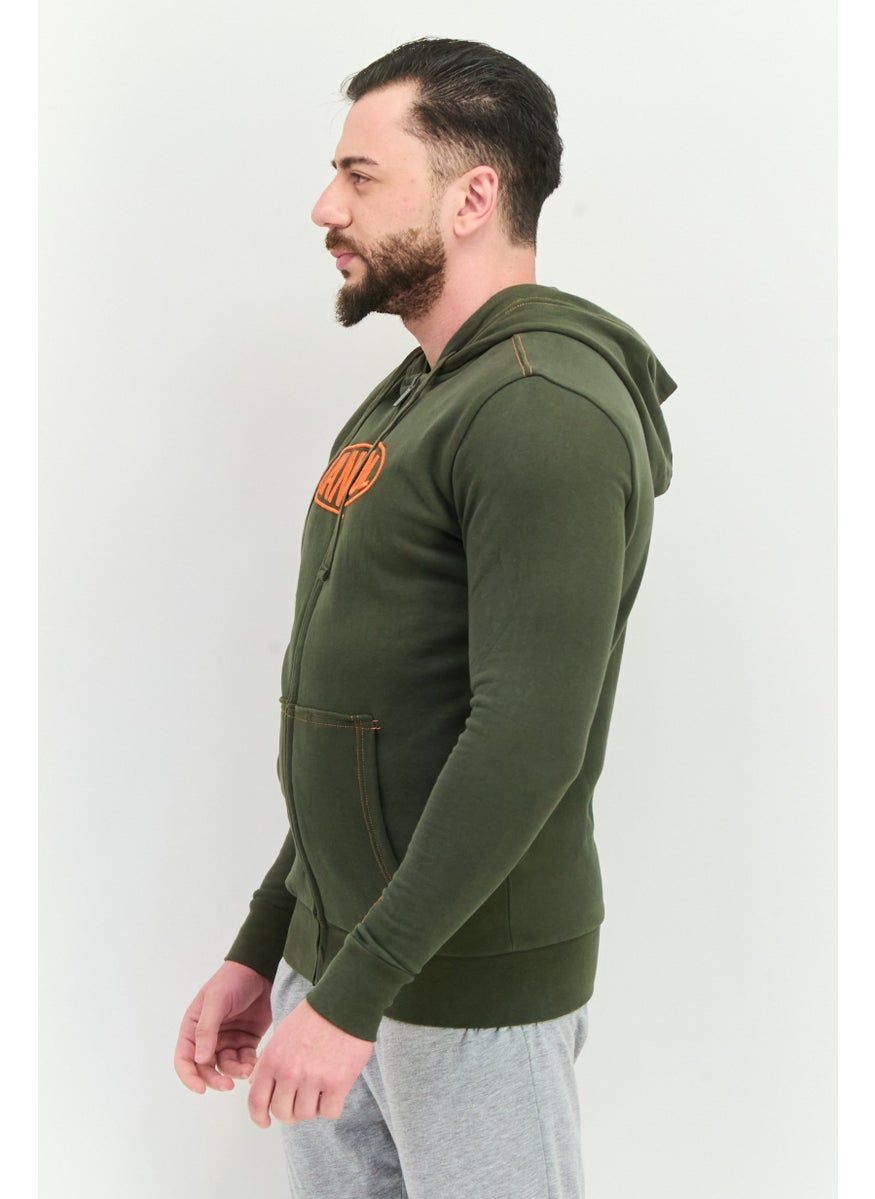Men Hooded Embroidered Logo Long Sleeves Hoodie, Olive