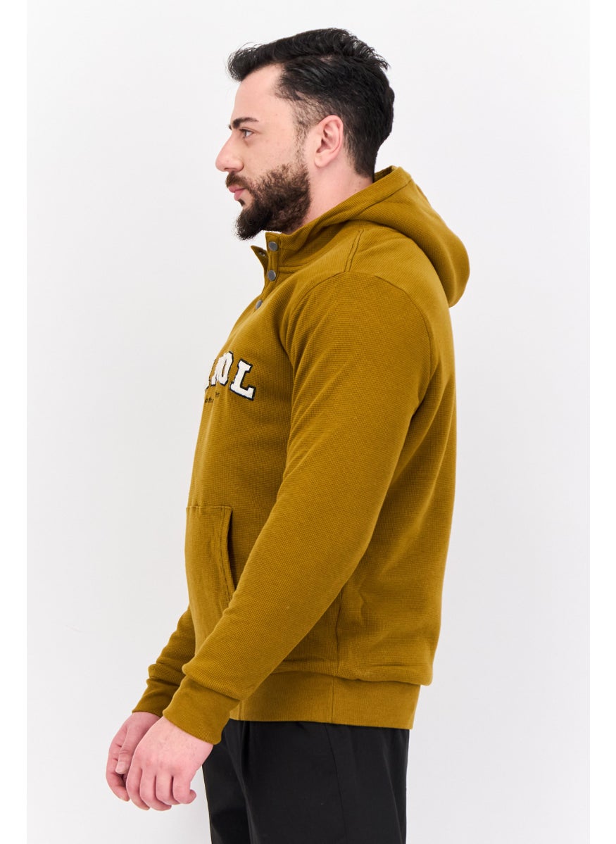 Men Embroidered Logo Long Sleeve Hoodie, Khaki