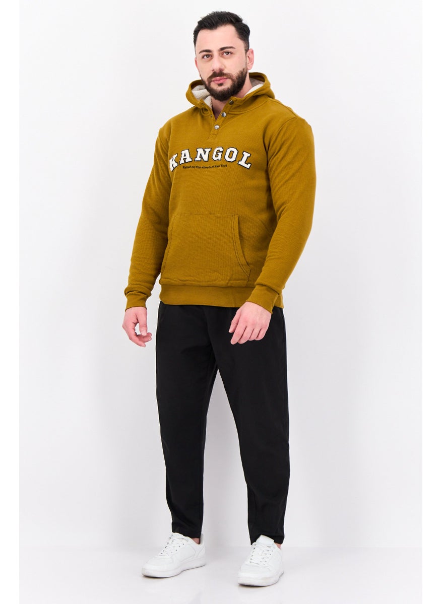 Men Embroidered Logo Long Sleeve Hoodie, Khaki