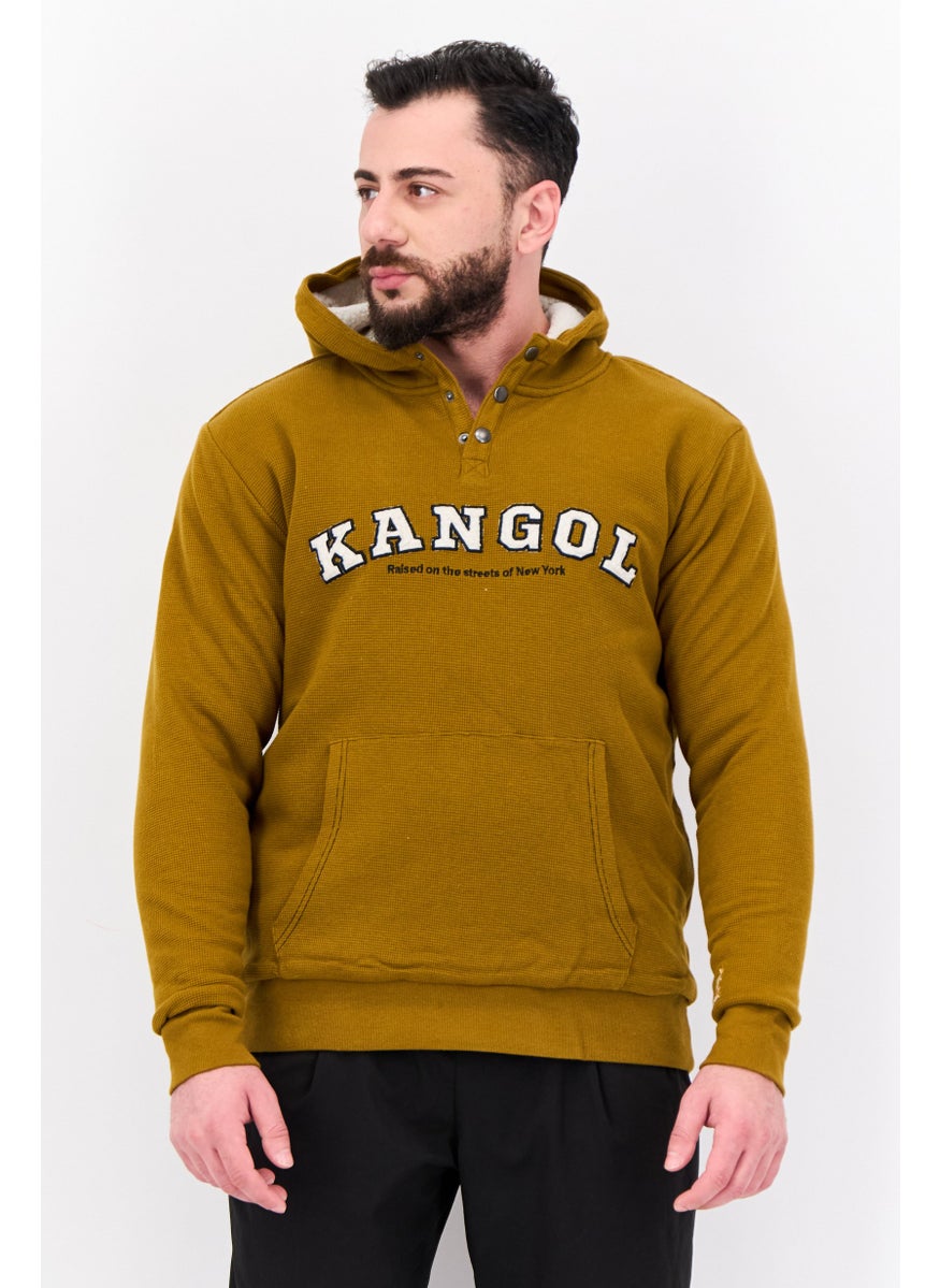 Men Embroidered Logo Long Sleeve Hoodie, Khaki