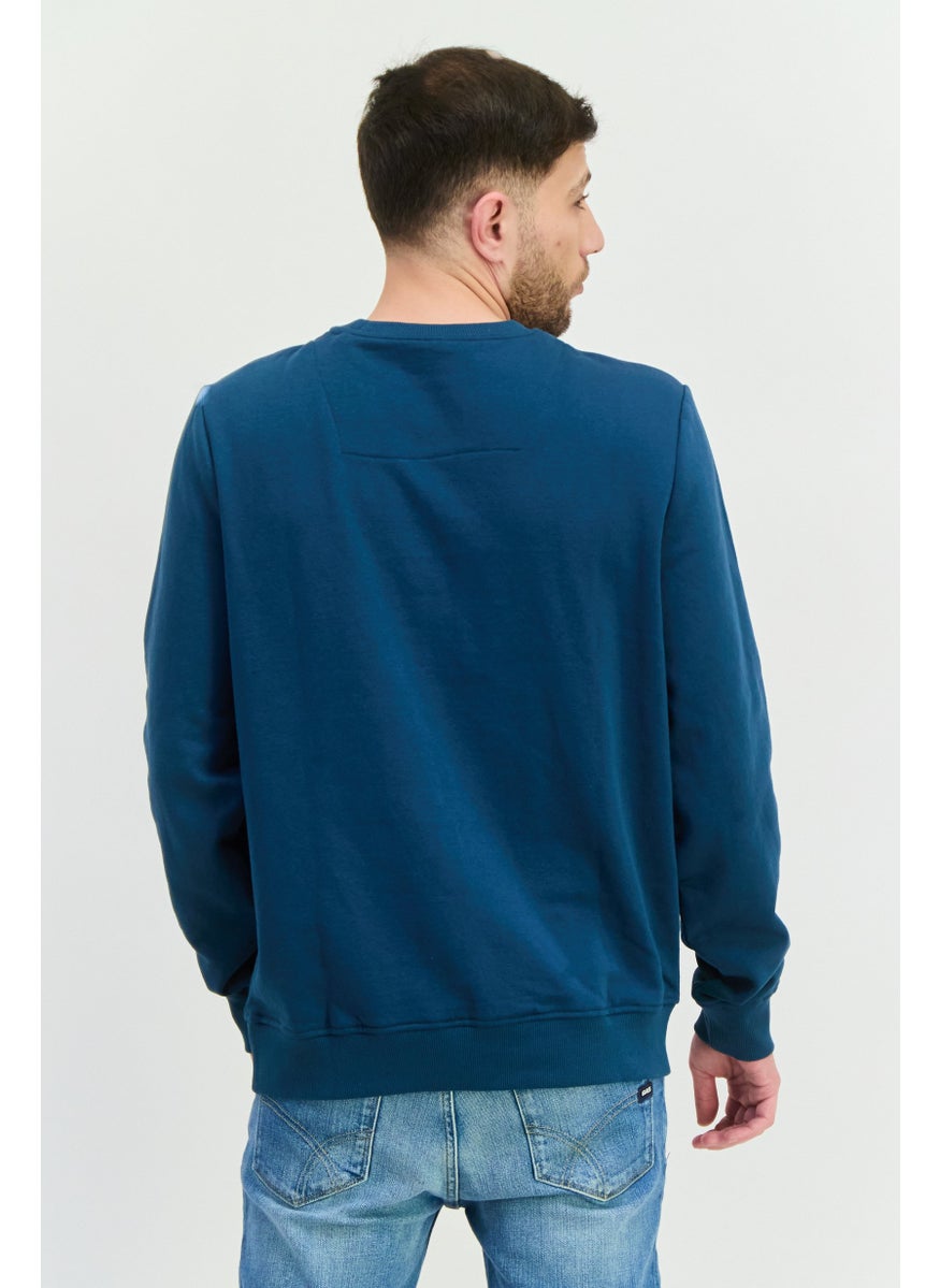 Men Crew Neck Brand Logo Long Sleeves Sweatshirt, Teal Blue