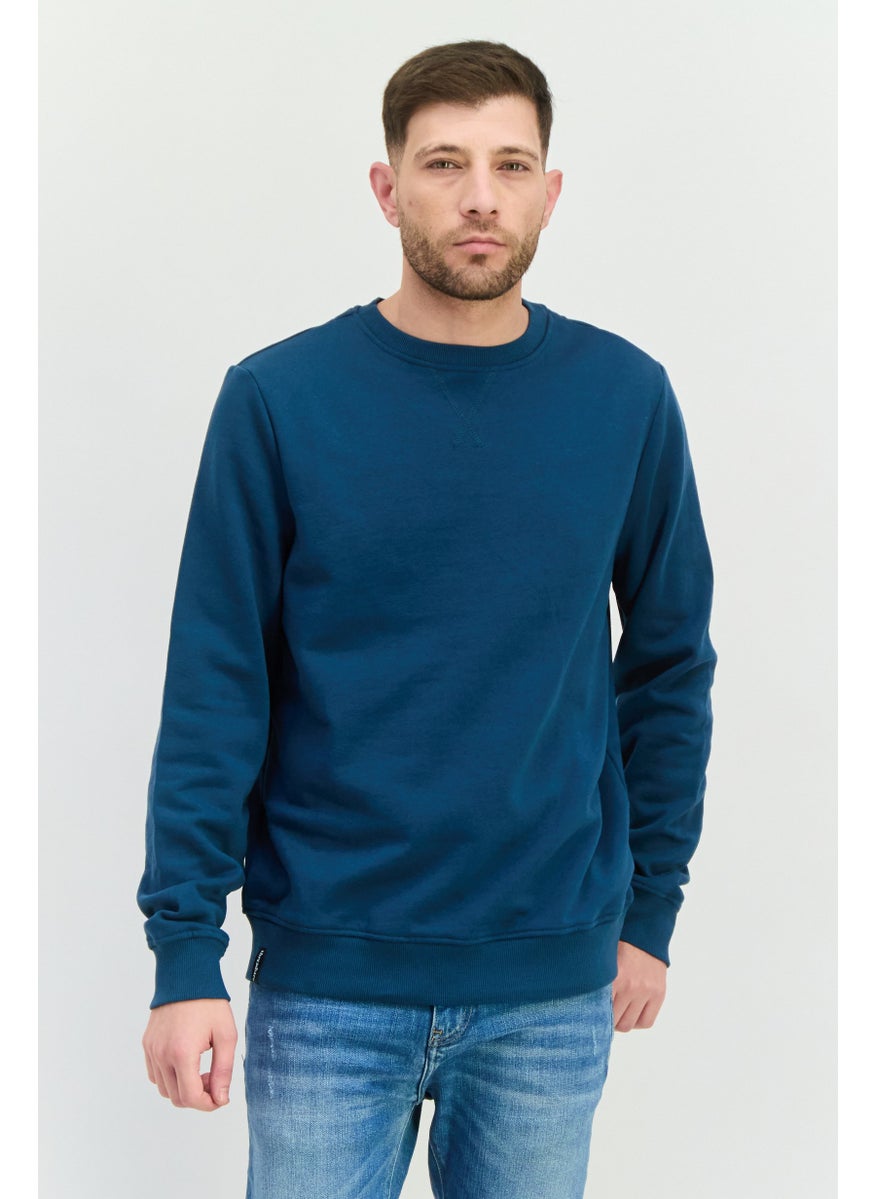 Men Crew Neck Brand Logo Long Sleeves Sweatshirt, Teal Blue