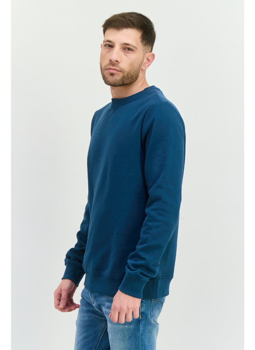 Men Crew Neck Brand Logo Long Sleeves Sweatshirt, Teal Blue