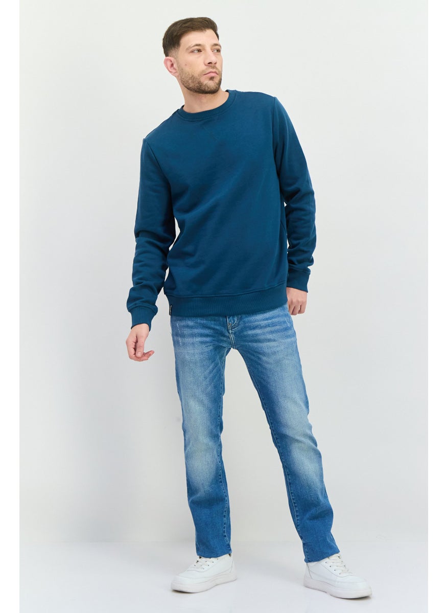 Men Crew Neck Brand Logo Long Sleeves Sweatshirt, Teal Blue