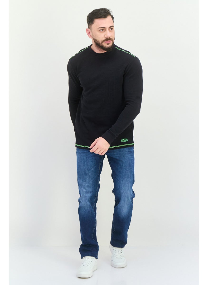 Men Crew Neck Embroidered Logo Long Sleeves Sweatshirt, Black