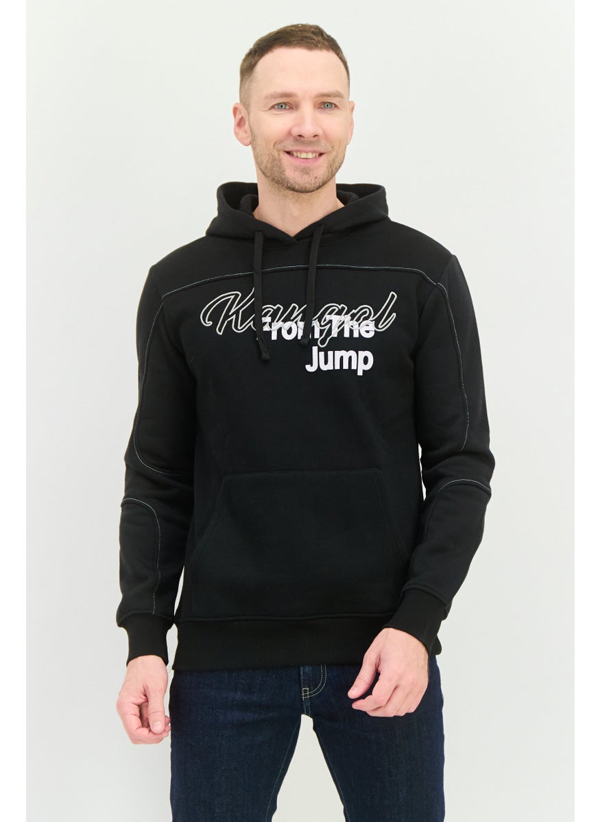 Men Embroidered Logo Long Sleeves Hooded Sweatshirt, Black